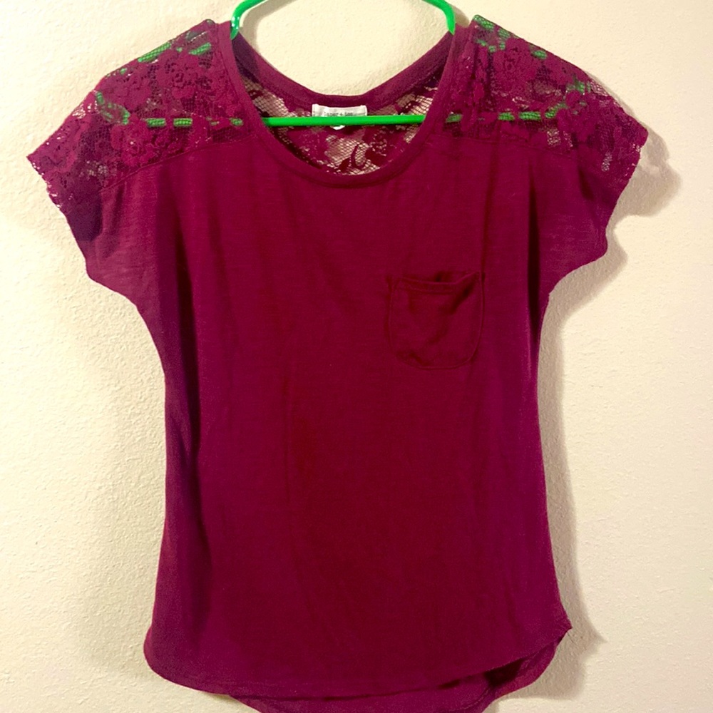 Soft cotton blend medium burgundy and lace tee